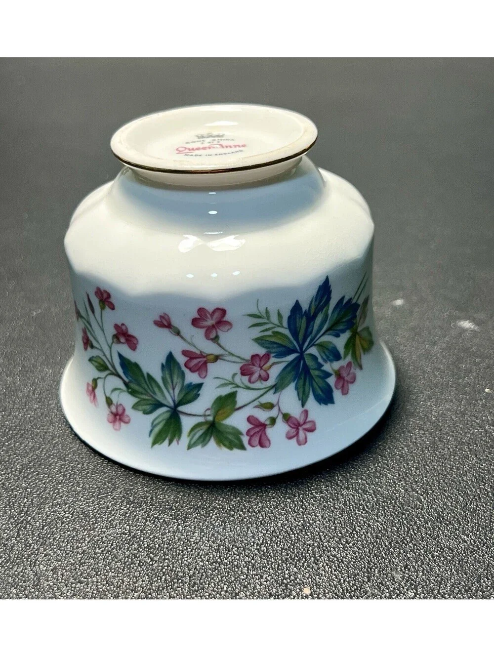 Queen Anne 1950s Orphan Cup Pink Trailing Floral Blue Leaf Bone China, 3x2.5”